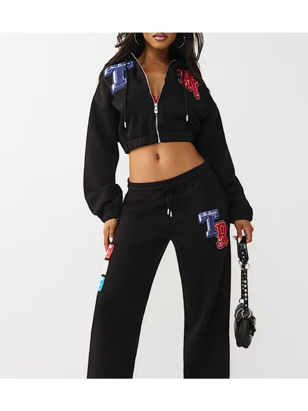 New True Religion M Crystal Patch Girlfirend Zip Hoodie Jet Black Women's Medium - Picture 2 of 4